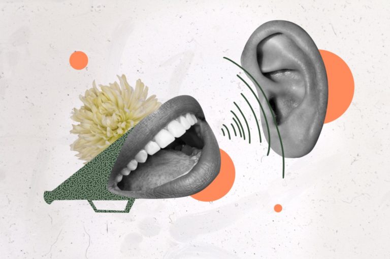 Kostenlose Serviceleistungen Mund und Ohr mit Soundwellen und Blüten, kreative Darstellung von Kommunikation.