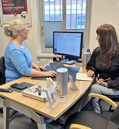 Zwei Frauen sitzen an einem Schreibtisch, arbeiten am Computer und sprechen miteinander.