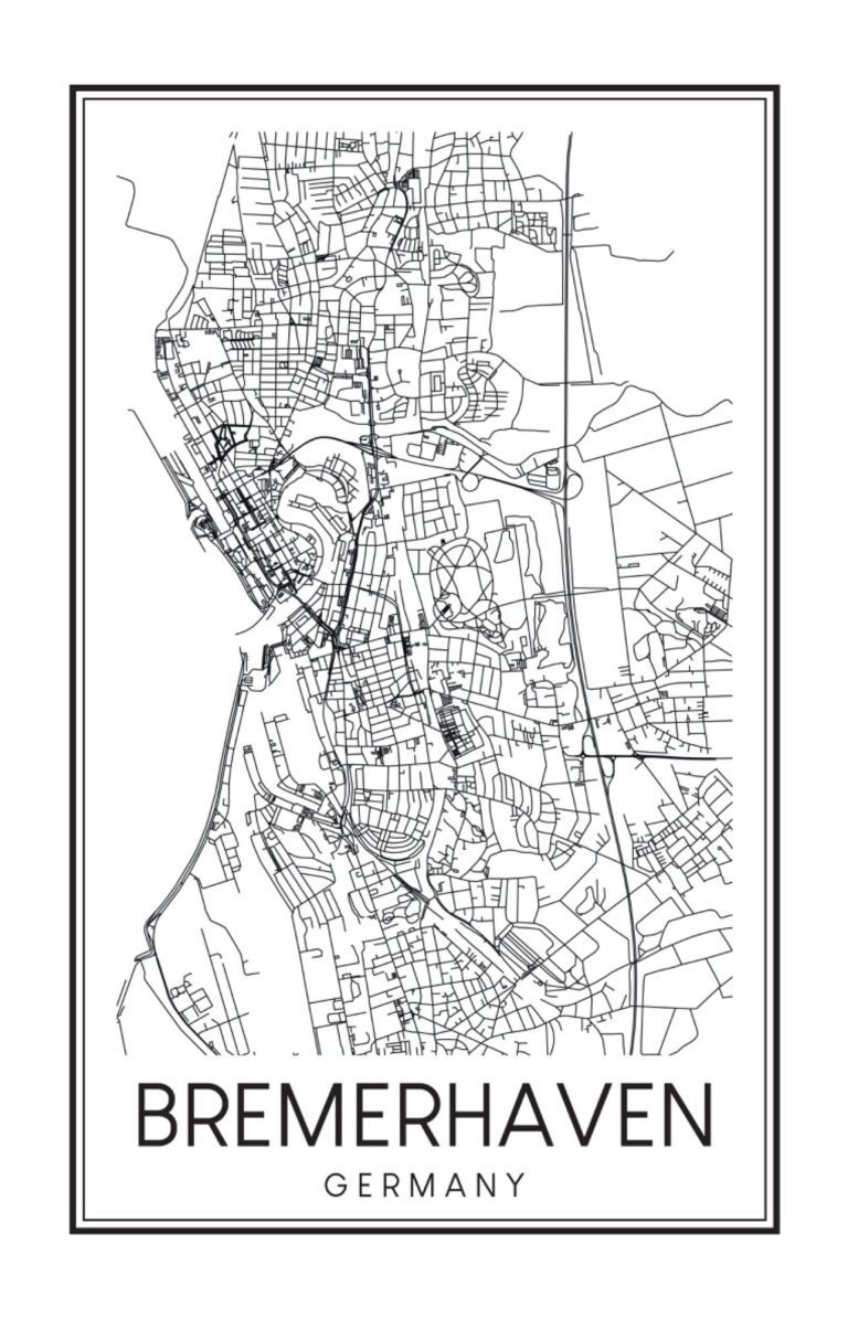 Karte Bremerhaven Germany Schwarz-weiße Karte von Bremerhaven, Deutschland, mit Straßen und Umrissen der Stadt.